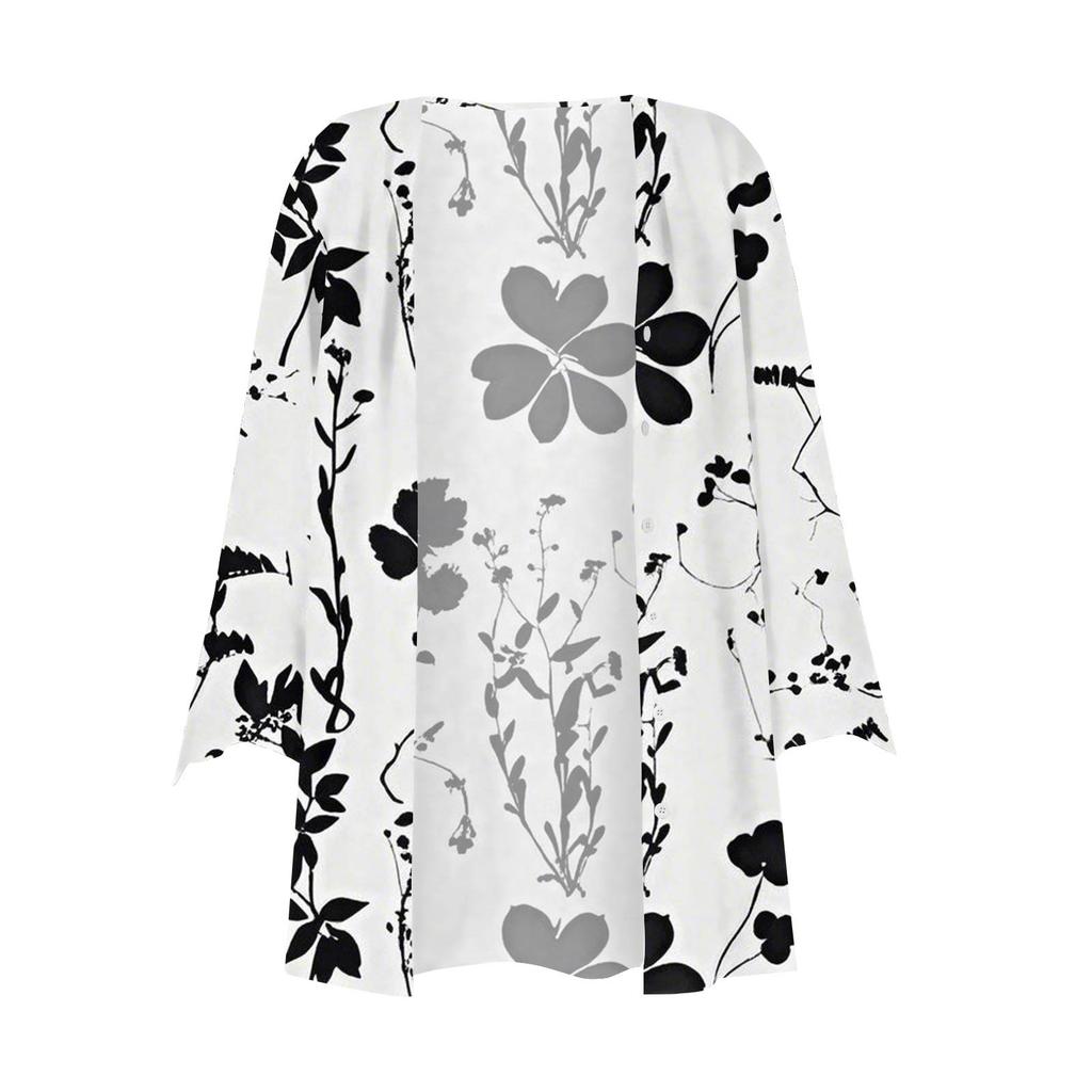 Women's Fashion Loose Casual Printed Seven-Part Sleeve Button Down Blouse Cardigan Top