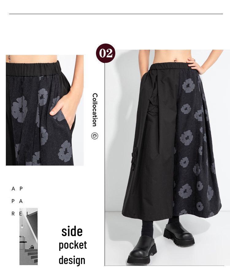 2025 Autumn Asymmetrical Wide-Leg Retro Patchwork Culottes: Women's Casual Dark Style