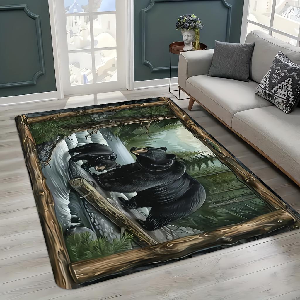 Creative Black Bear Pattern Area Rug - Rustic Animal Decorative Floor Mat for Living Room, Bedroom, Home Office, Non-Slip Mat