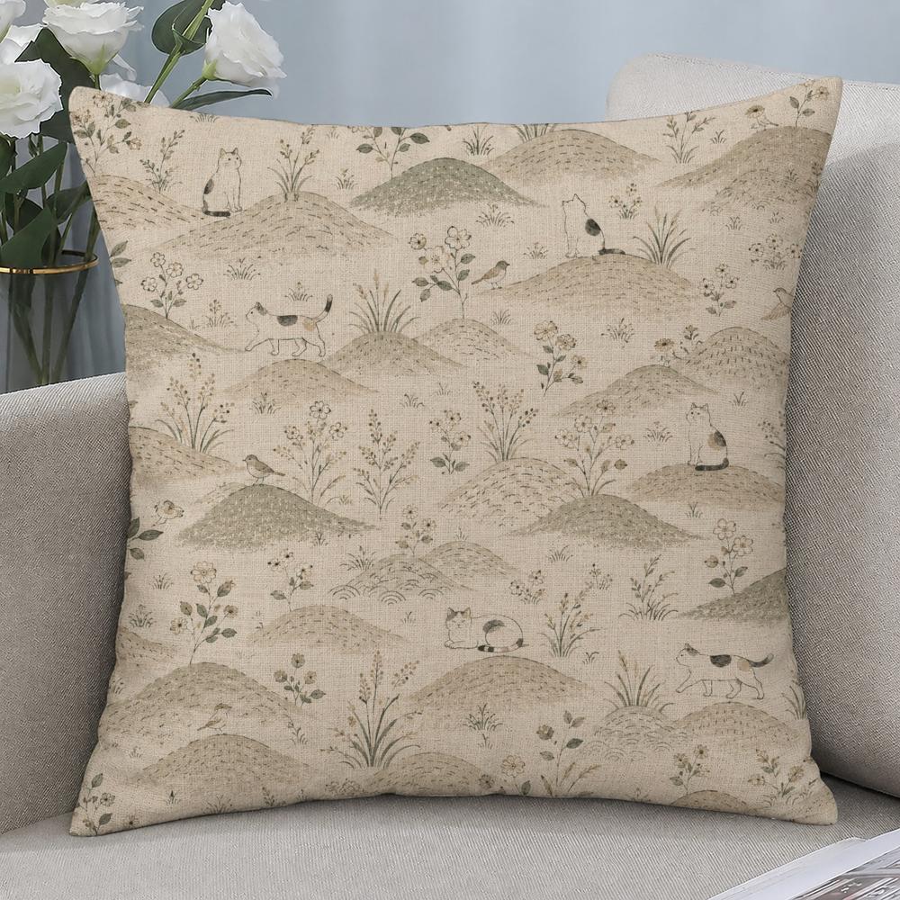 Style Japanese Natural Handdrawn Cushion Cover Cushion Covers Natural Linen Breathable Sofa Bedroom Decor Pillowcase