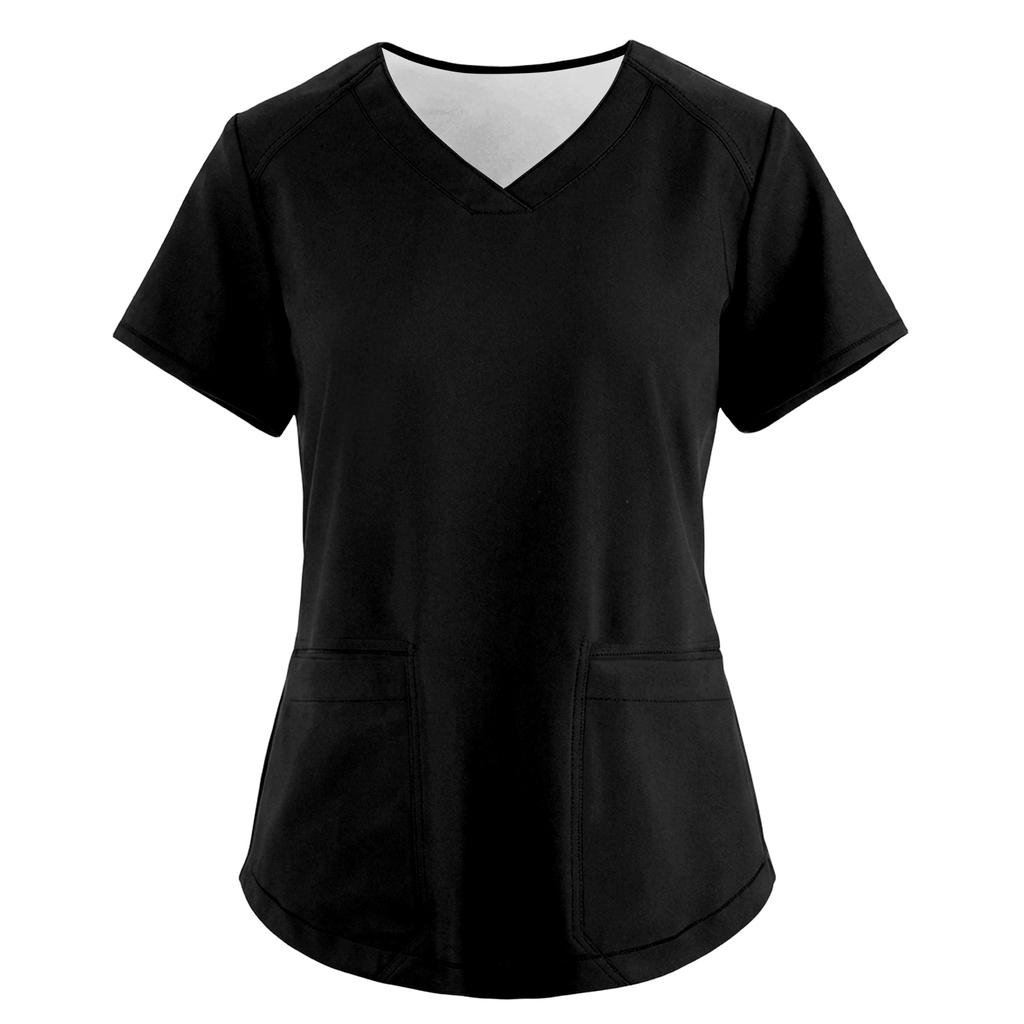 Women's Fashionable Loose-Fit Short-Sleeve V-Neck Pocket Workwear Top