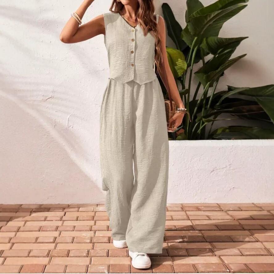 Completo da Donna 2 Pezzi Canotta Senza Maniche Scollo a V con Bottoni Pantaloni a Vita Alta Gamba Larga Set Coordinato in Tessuto Testurizzato Casual