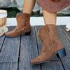 2025 Fashion Solid Color Women's Mid Top Boots Mid Heel Boots Embroidered Western Cowboy Boots Classic Women Low Heels Shoes