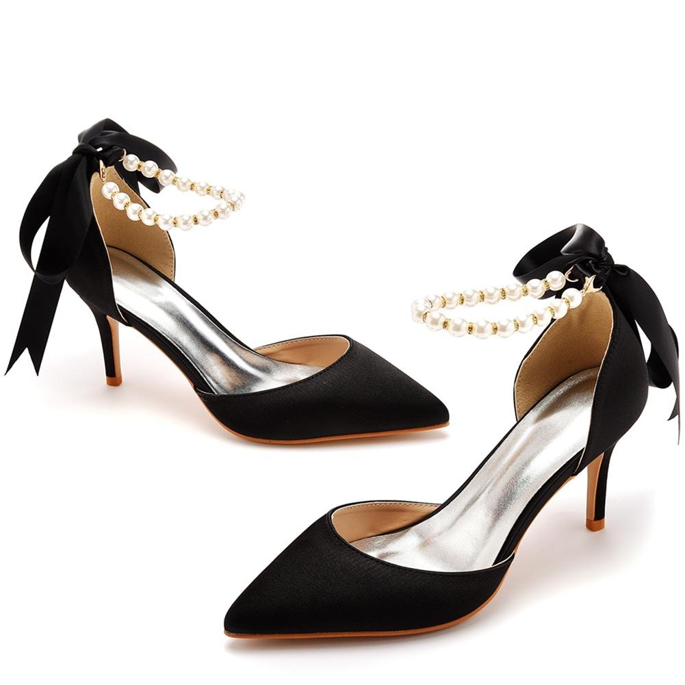 7cm Thin Heeled Large Size Sandals Banquet Women's Shoes Streamer Beaded High Heels Sandals Satin Dress Long Skirt Shoes