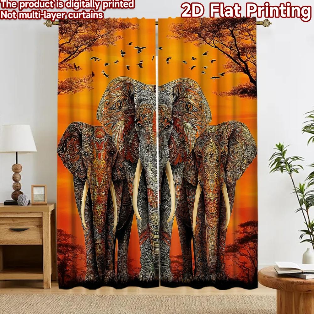 2D flat printing 2pcs Curtain Party Window Curtains Autumn Elephant Parade Digital Printed Polyester Drapes Birthday Party Use