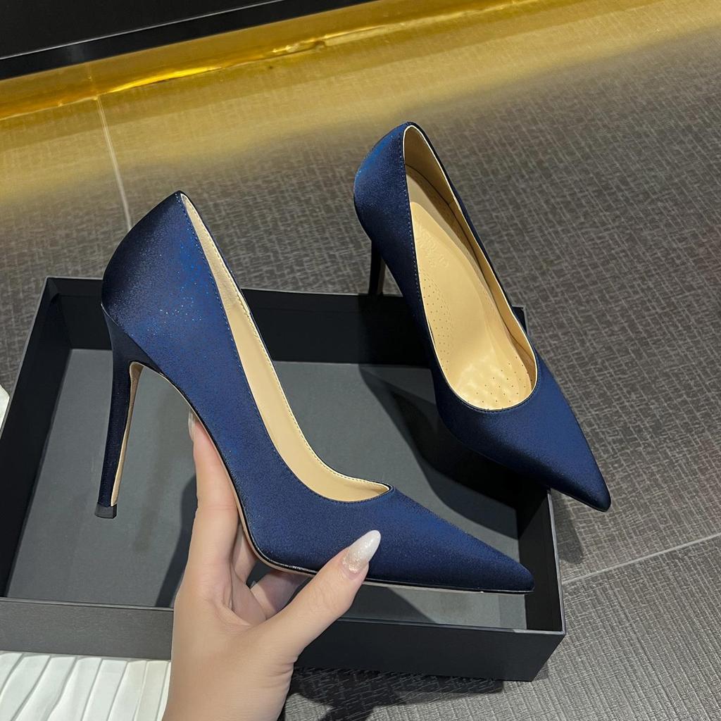 Women's Satin High Heels: Comfortable, Thin Heel, Pointed Toe, Blue, Spring-Autumn Style, Classy Work Shoes.