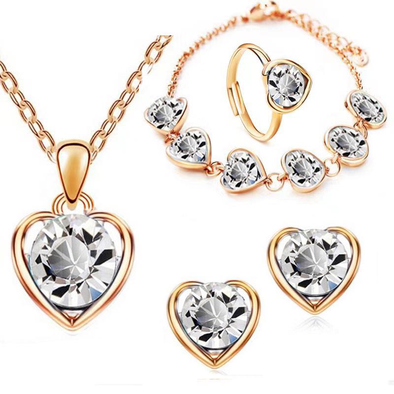 Women's Crystal Heart Jewelry Set: Necklace, Earrings, Ring, and Bracelet