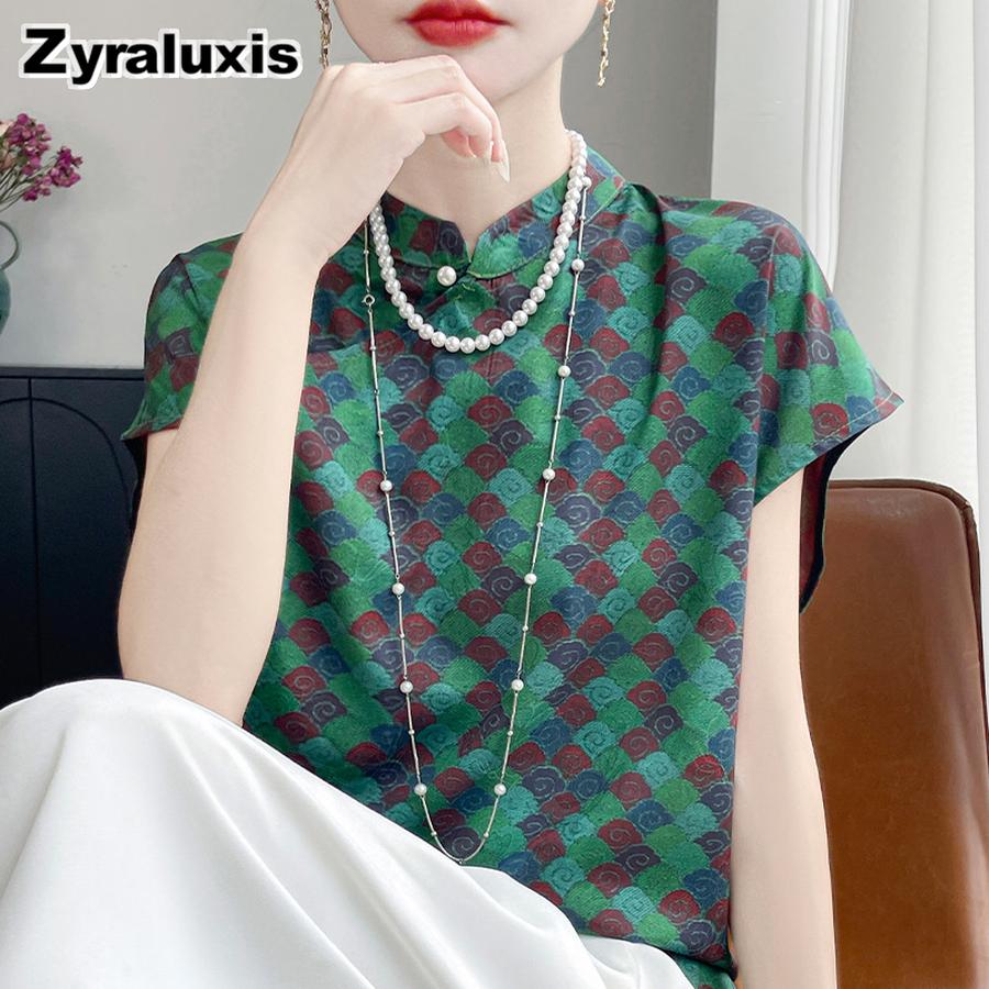 Silk Charmeuse Printed Short Sleeve Top Women's Mandarin Collar Cheongsam Shirt