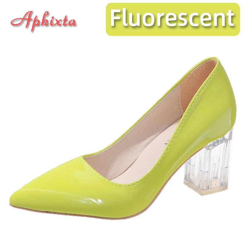 Fashion Aphixta 7cm High Heels Women Lady Orange Leather Pumps Female Wedding Green Transparent Shoes Drop Shipping Plus Size  30-50