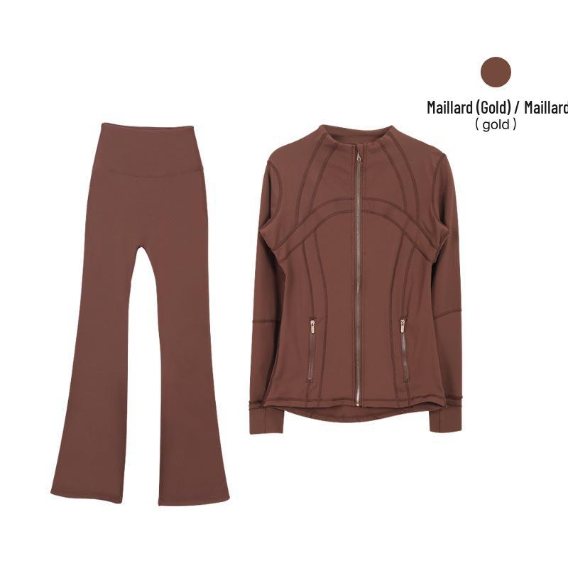 In Stock: Women's Gold Jacket & Flare Pants - High Stretch, Slimming Sports Yoga Set