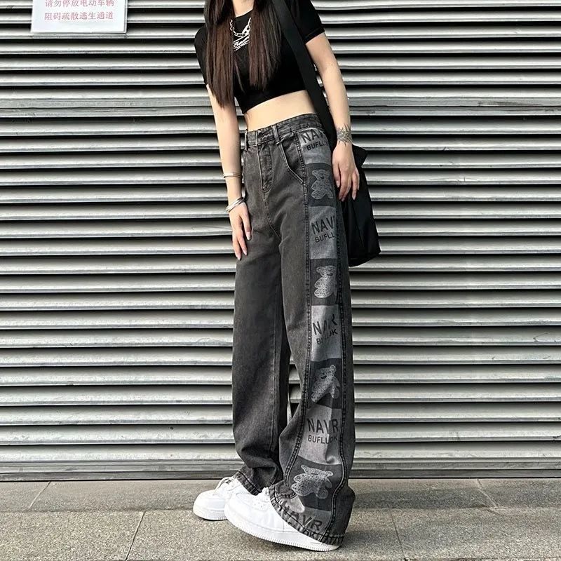 Bear Printed Cargo Jeans Y2K Streetwear s vysokým pásom 90S Baggy Jeans Ženy Nohavice Rovné džínsy