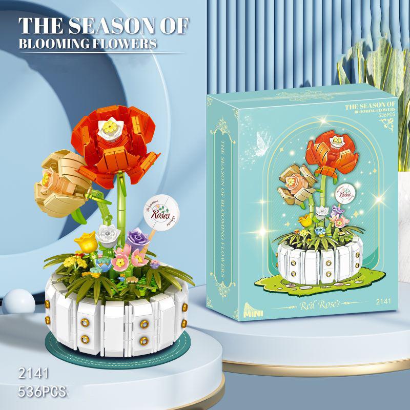 536PCS Rose Potted Building Blocks Eternal Flower Bouquet Creative Assembly Bricks Kids Toys Holiday Gifts