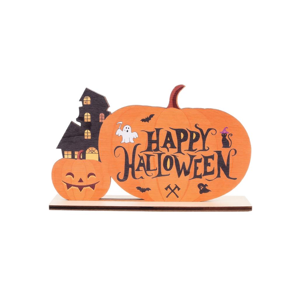 Wooden Halloween Pumpkin Decoration with Haunted House and Ghost Design Tabletop Ornament for Seasonal Home Display and Holiday Decor