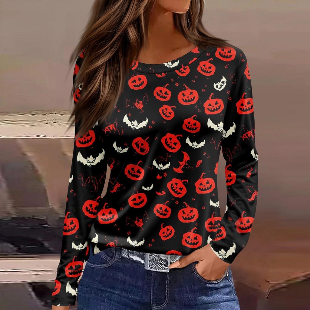 Women's Fashion Casual LongSleeve Print Round Neck Pullover Top Blouse