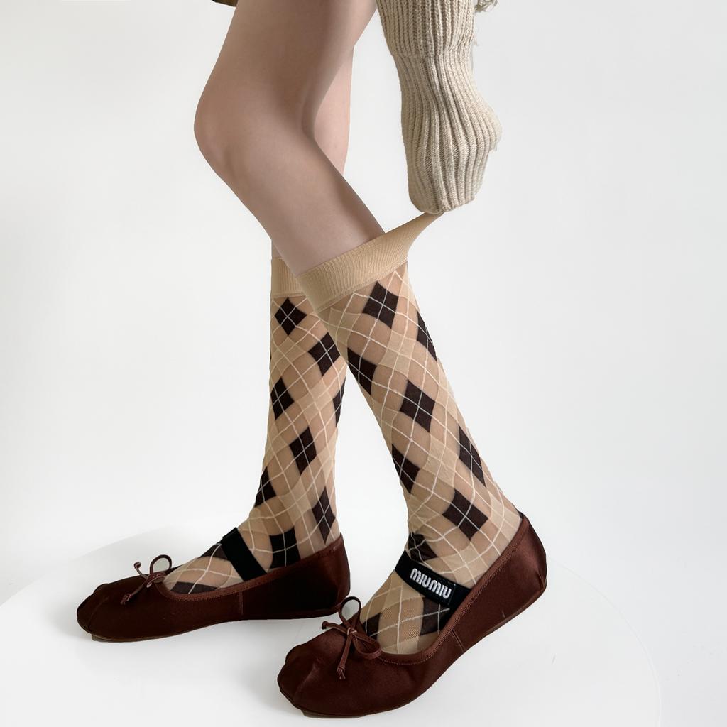 Chaussettes Longues à Carreaux Style Collège pour Femmes Bas Velours Fins Respirants JK Femmes Filles Mode Japonaise Chaussettes Longues Vintage