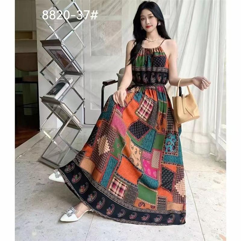 Beach dress cotton and silk printed suspender dress Hawaiian wind island Yunnan travel vacation dress artificial cotton fresh