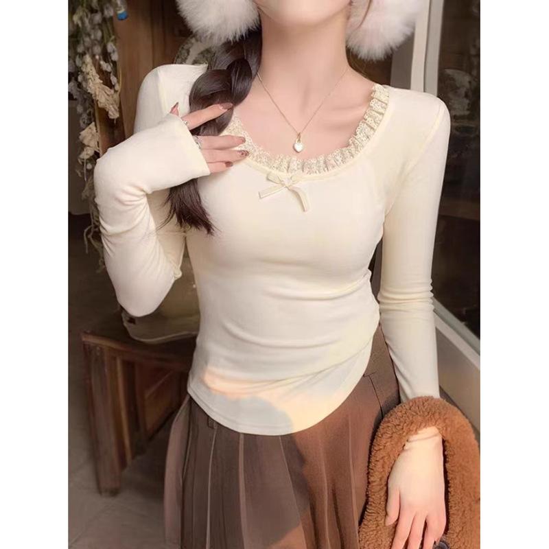 

Нижняя рубашка женская осень и зима с новой кружевной кромкой U-образный вырез футболка с длинными рукавами женская полированная красивая верхняя часть M