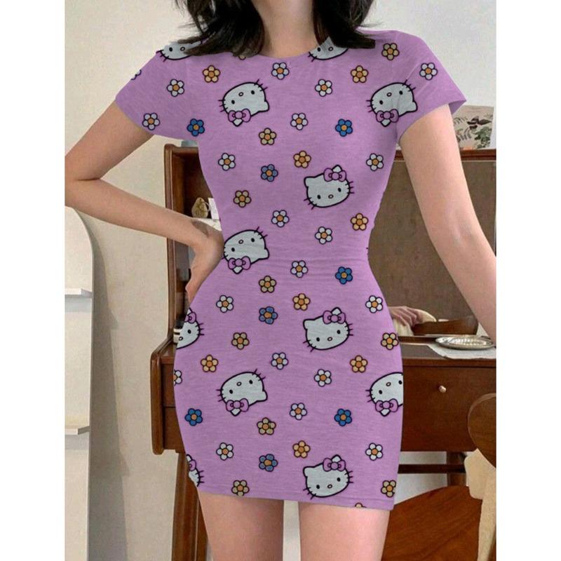 Y2k Fashion Women's 2024 Summer Sexy Tight Mini Dress Party Hello Kitty Printed Loose Short Dress
