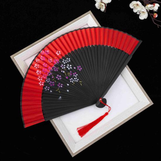 Chinese Style Flower Folding Fan with Tassels Vintage Portable Hand Fan Wedding Dance Party Decorative Handheld Fan Travel Accessory
