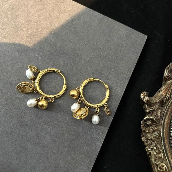 1 Pair Women Earrings Imitation Pearls Beads Tassel Hoop Earrings Retro Style Round Earrings Jewelry Gift