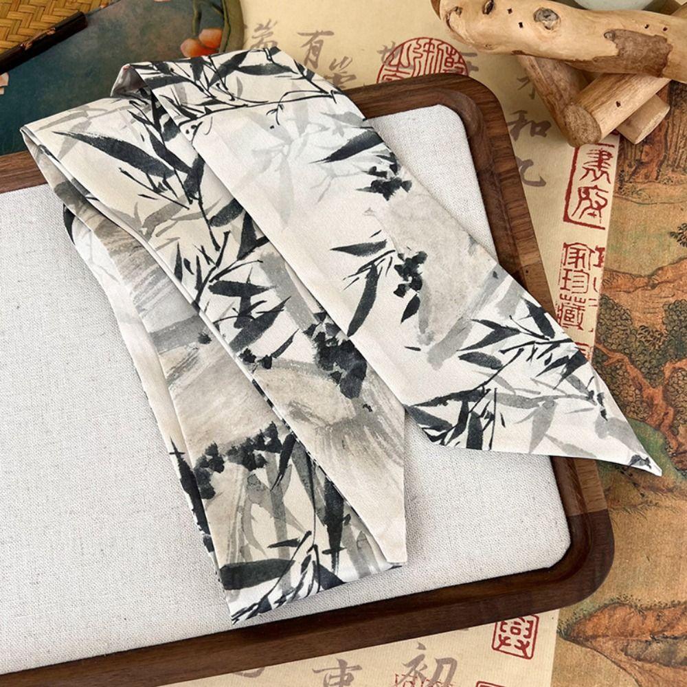 Minimalist Style Ink Painting Silk Scarf Long Ancient Hair Band Retro Ribbon Headband  Lady