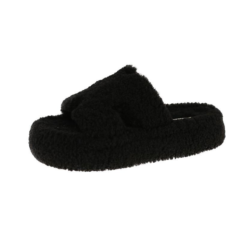 Nisje flate fluffy tøfler for kvinner 2025 ny høst og vinter allsidige internett-kjendiser firkantet tå H-formet avslappet late hår-slep