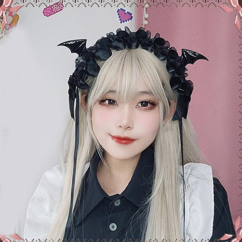 Girl Bowknot Headbands with Pleated Lace Halloween Photography Hair Hoop