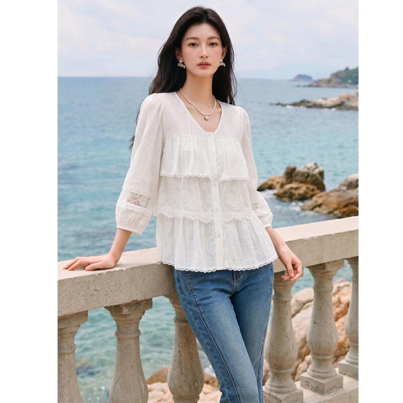 Elegant Lace Ruffle V-Neck Blouse M