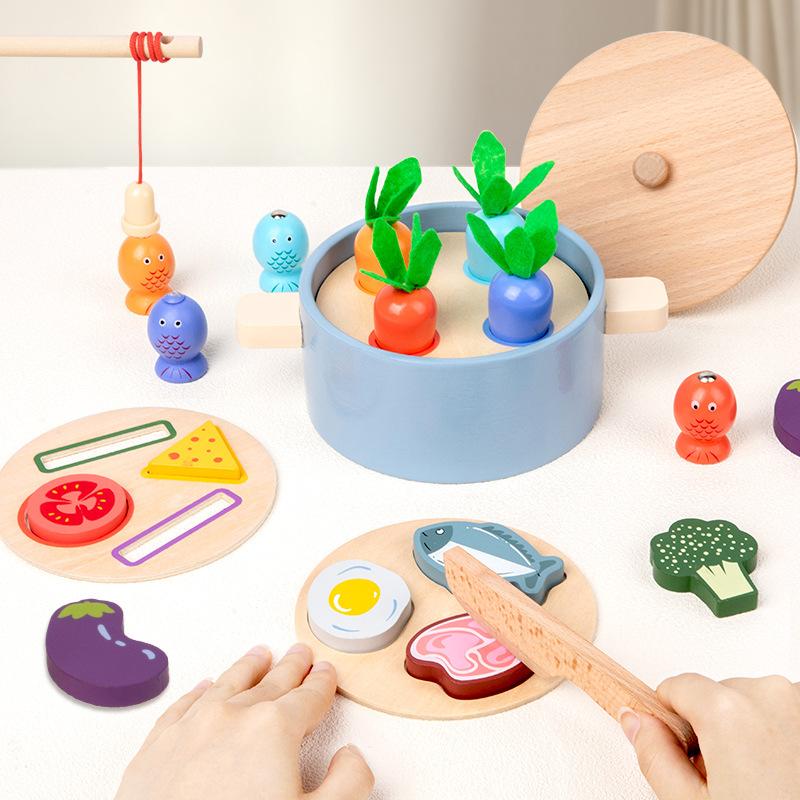Wooden Kids Simulation Play House Cooking Kitchen Set Parent-Child Educational Fishing Vegetables Multifunctional Interactive Toys