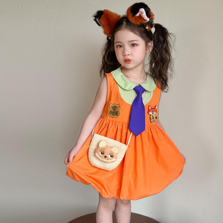 Vestido de Policial Coelho para Meninas - Moda Verão 2025 Saia Suspender Manga Flutuante Fashion, Estilo Academia para Bebês.