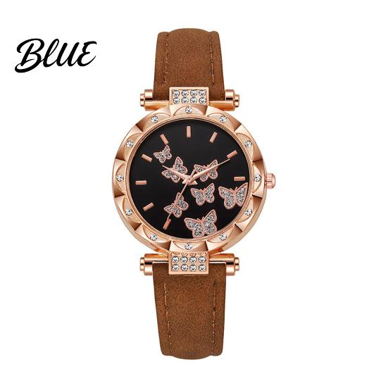 Ladies Watch Butterfly Artificial Leather Strap Quartz Rhinestone Casual Women