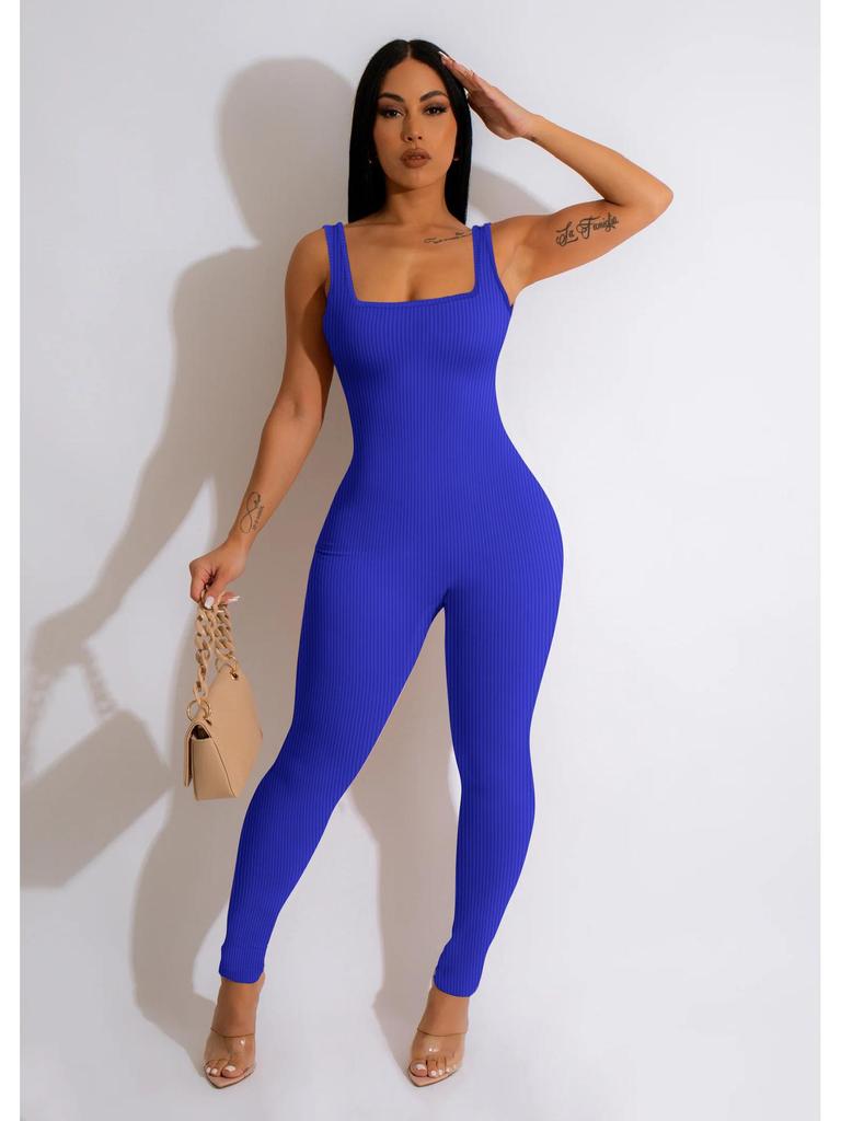 Women's Solid Color Ribbed Sleeveless Bodysuit: Square Neck, Backless, Hip-Lifting Slim-Fit Jumpsuit