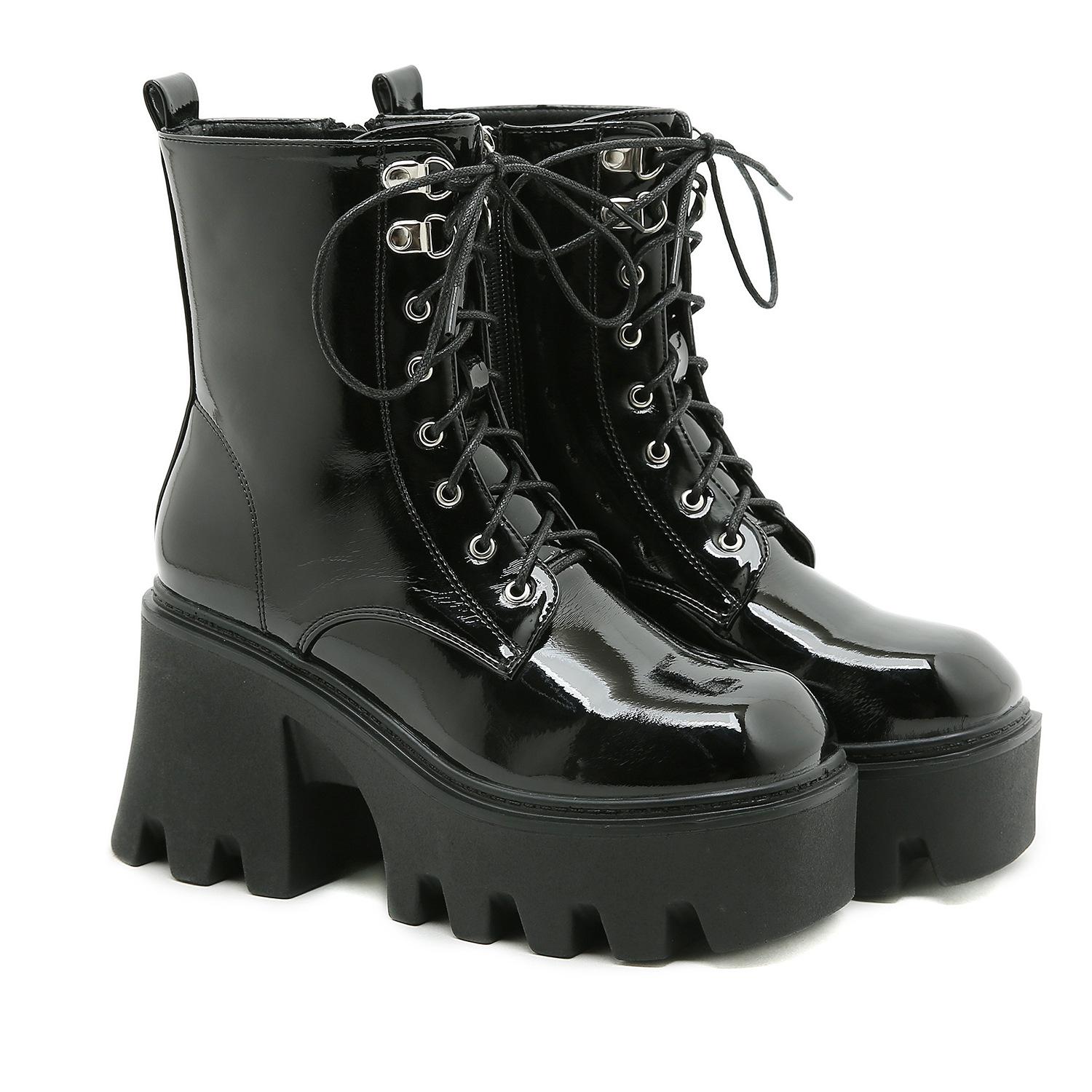 Woman Lace Autumn Boots Womens Ladies Chunky Wedge Platform Black Patent Leather Ankle Boots Punk Goth Newest Arrival556 35