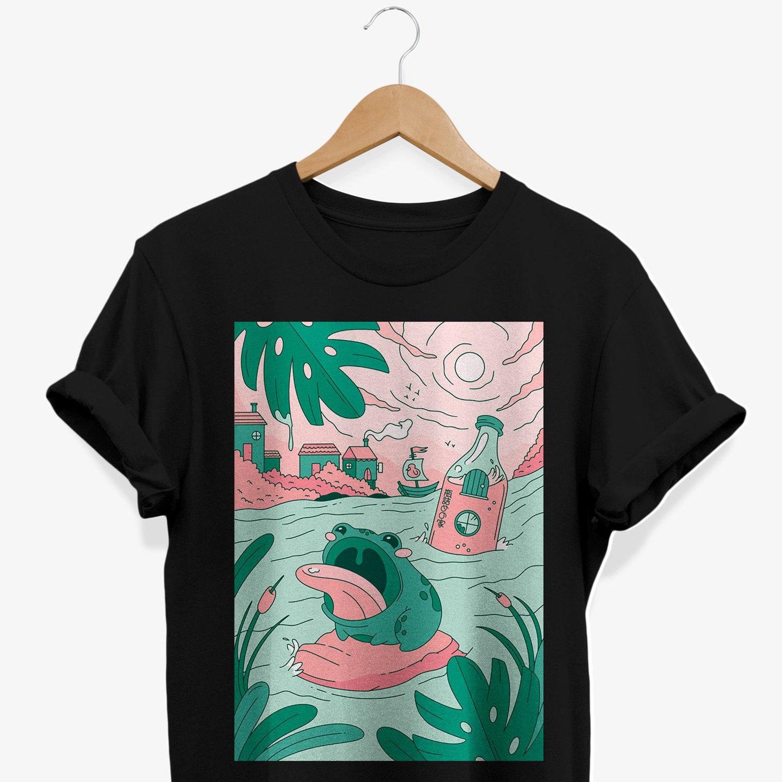 Frog Adventure T-Shirt: Kawaii Cottagecore Cartoon Graphic Tee L