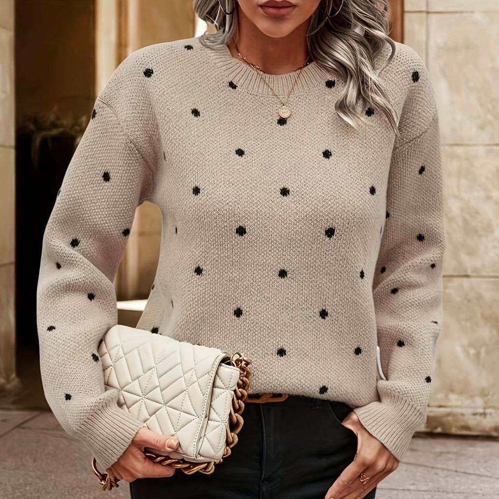 Herbst Winter Damen Casual Strick Polka Dot Print Pullover mit langen Ärmeln