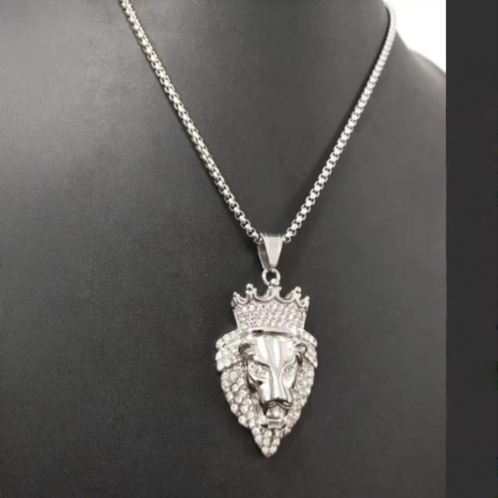 AAA CZ Crown Lion King Pendant Gold Silver Plated Punk Hip Hop Animal Lion Lion Head Men's Stainless Titanium Steel Necklace