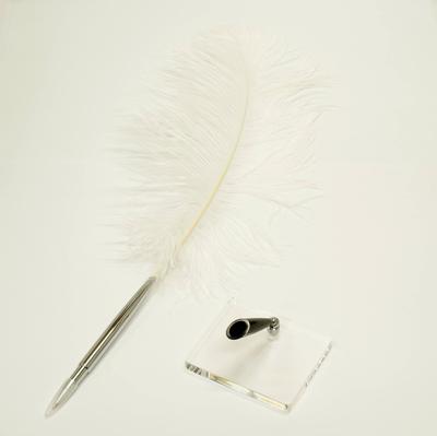 Brass Disc Pen with Large Ostrich Feather Transparent Acrylic Pen Stand with Black Pen Holder White Feather Japanese-processed + Q-S5P2WD-1