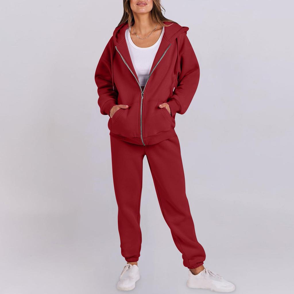 Women's Fashion Hooded Long Sleeve Color Zipper Elastic Waist Loose Sweatshirt Set