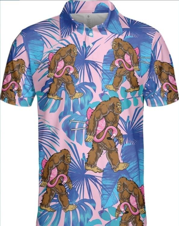 Cool Tropical Print Short Sleeve Polo, Unique Sasquatch & Flamingo Pattern
