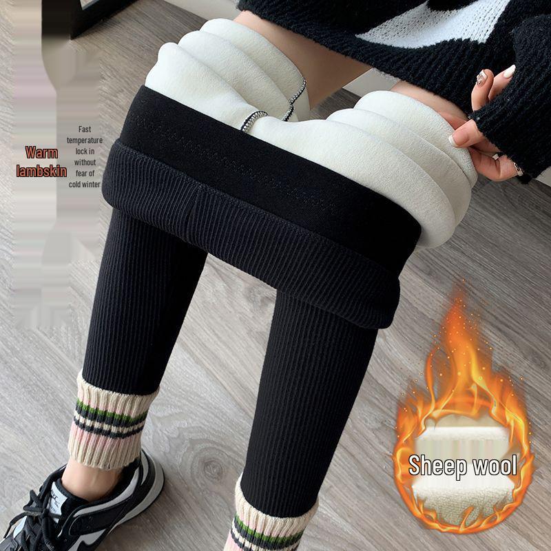 Women's Fleece-Lined Thick Leggings: New Autumn/Winter Style, High Waist, Ribbed Ankle Cuffs, Slim Fit, Warm and Stylish.