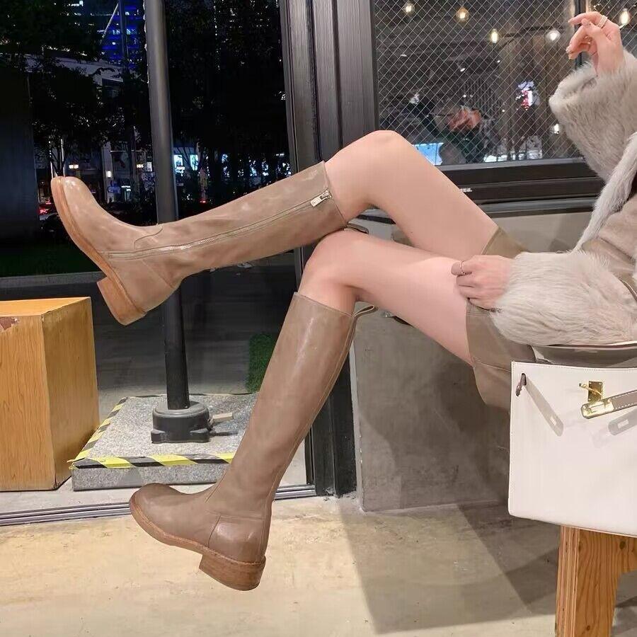 Grape mother same style, twilight Paris~ horse leather round head thick heel side zipper thick-soled knight boots high boots