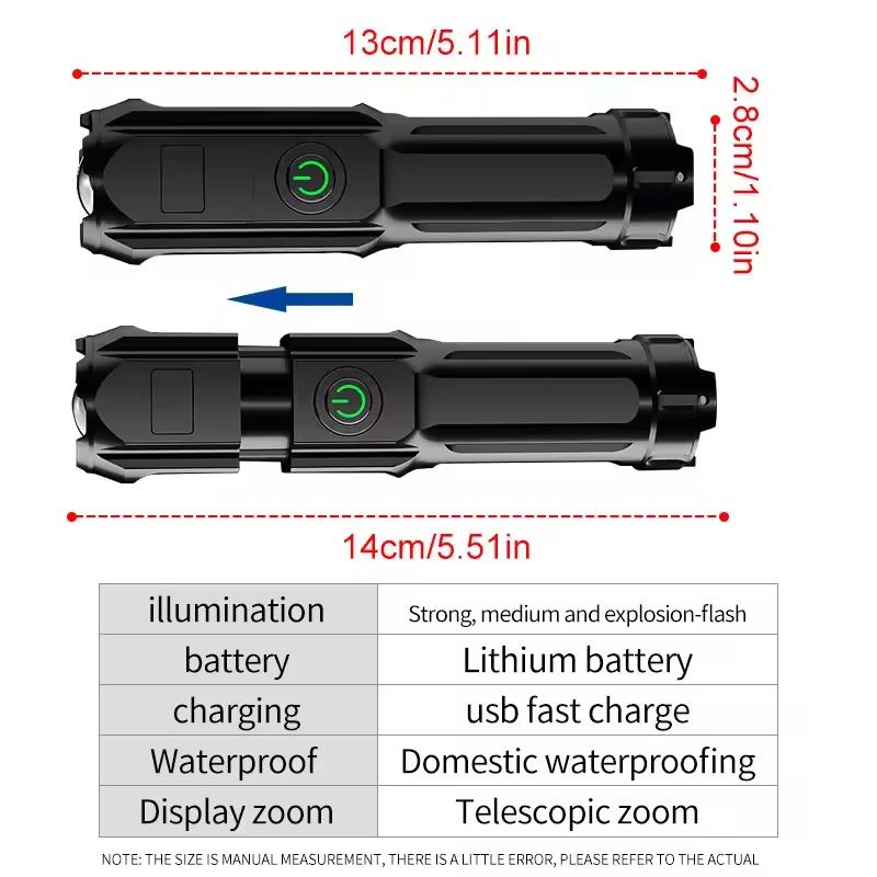 LED Camping Torch Flashlight High Power USB Rechargeable Spotlight Zoom Lantern Built-in Battery For Fishing Outdoor Waterproof
