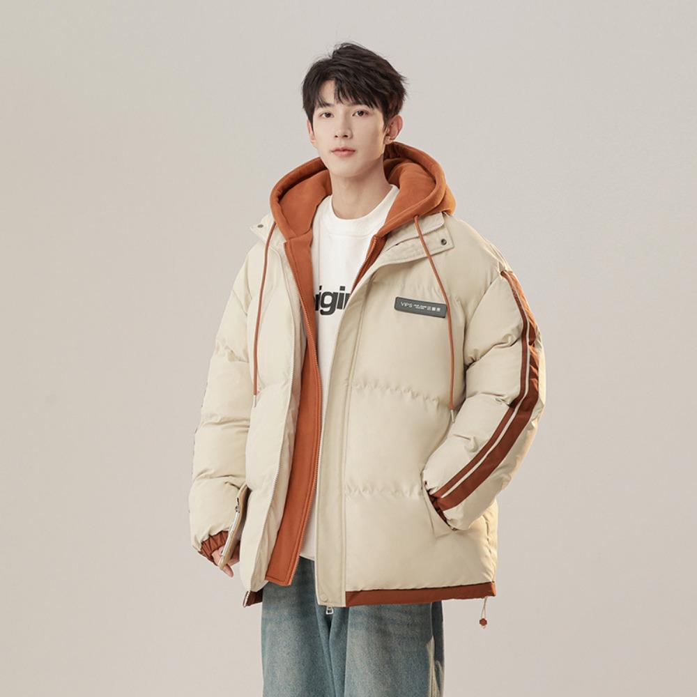 2025 Teen Warm Clothing Men's Winter Clothing Fake Two Pieces Thickened Hooded Trendy Brand Couple Simple Hundred Padded Clothes Men