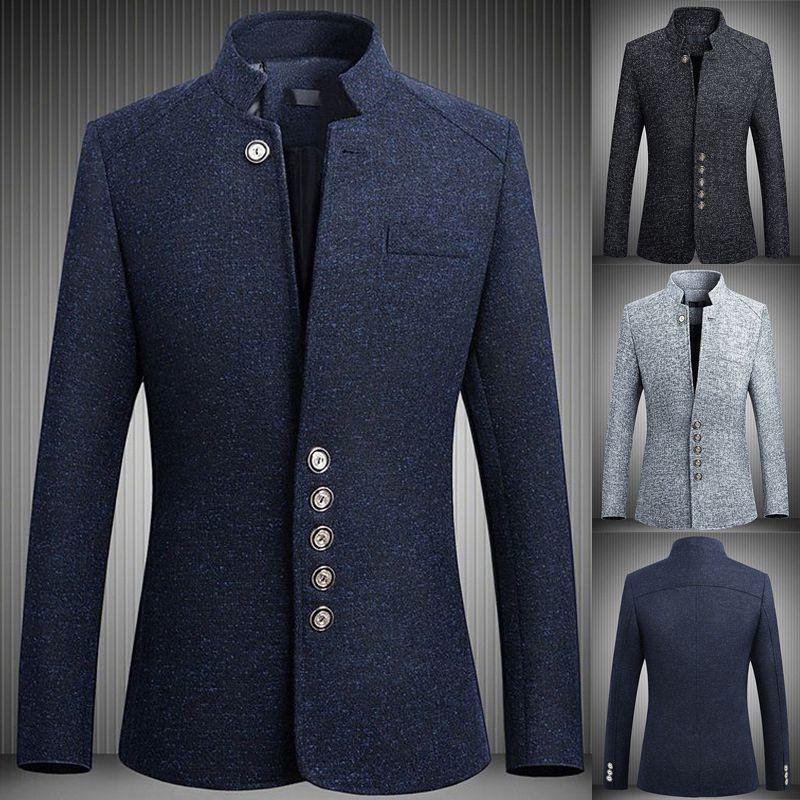 Stylish Mens Single Breasted Stand Collar Jacket Casual Business Tunic Suit Coat