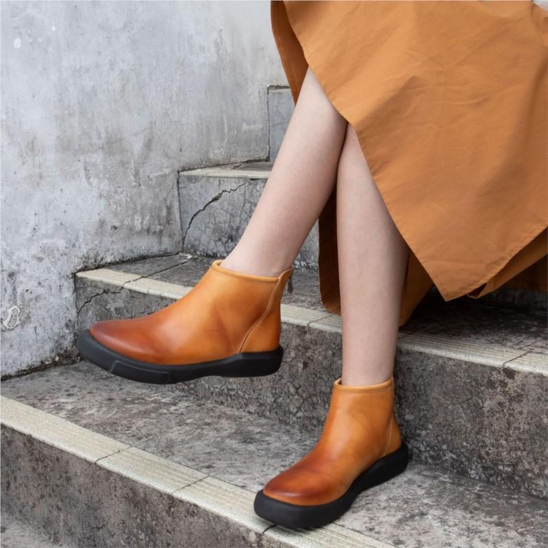 Johnature Retro Versatile Short Boots Round Toe High-quality Cowhide Soft Soled Women's Leather Boots