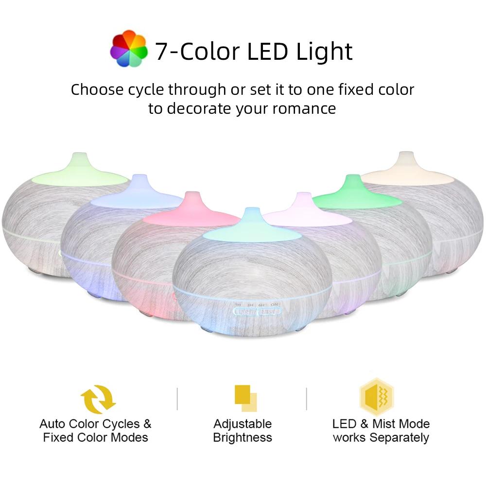 550ml Wood Grain Essential Oil Diffuser  Comes with Remote, 6 Oils & 7 Color LED Mood Light