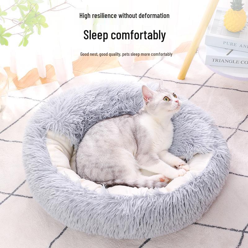 Cozy Plush Cat Bed - Round, Semi-Enclosed for Deep Sleep