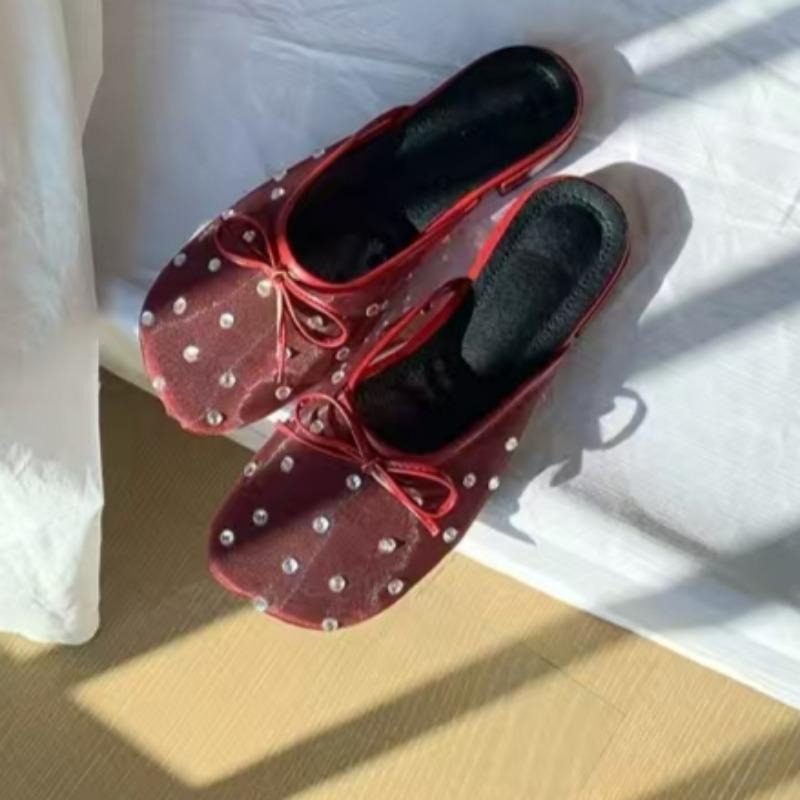 Low Heels Women's Round Head Shallow Mouth Crystal Mesh Butterfly Knot Soft Sole Anti-slip Wear-resistant Slippers