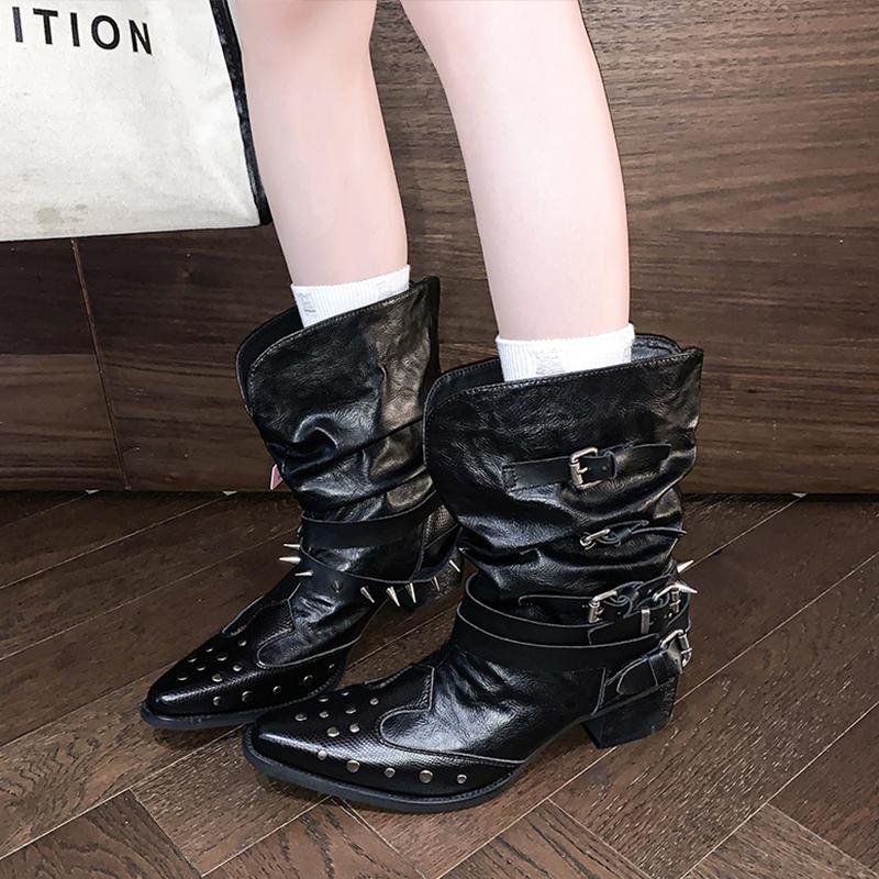 Stivaletti Bianchi alla Moda Scarpe Rock Donna Borchie Basse Donna Estate Stivali Cowboy Punta Quadrata Borchie Stivaletti Bianchi Estivi Scarpe Donna Basse