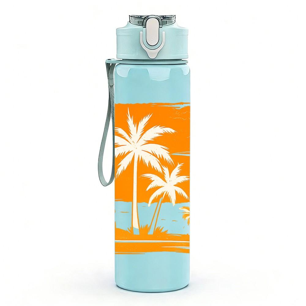 1PC Palm Tree Orange Sunset Graphic 750ml Color Plastic Sports Water Bottle Leakproof Flip Straw Lid Suitable for Sports Office Home Use